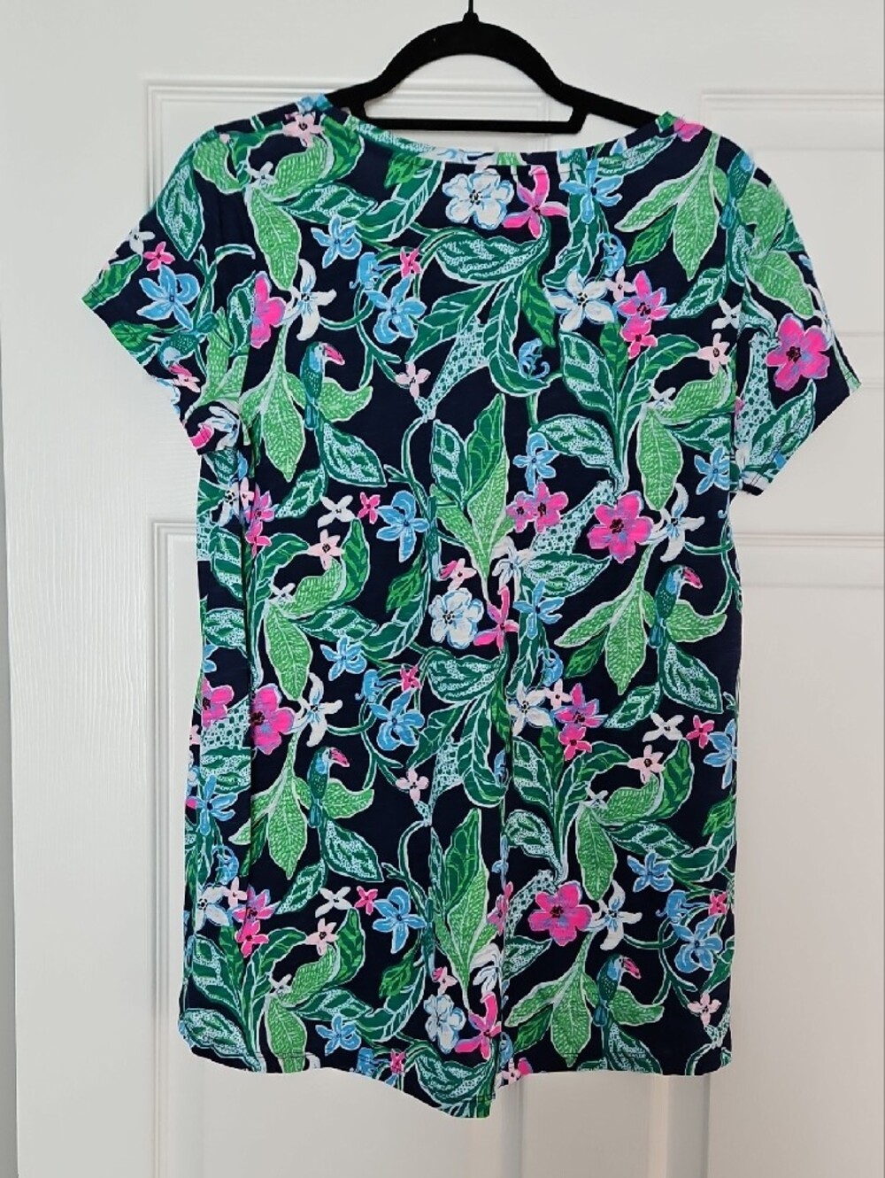 Floral Short-Sleeve Scoop Neck Top - Navy with Green & Pink By Lilly Pulitzer - Picture 2 of 9